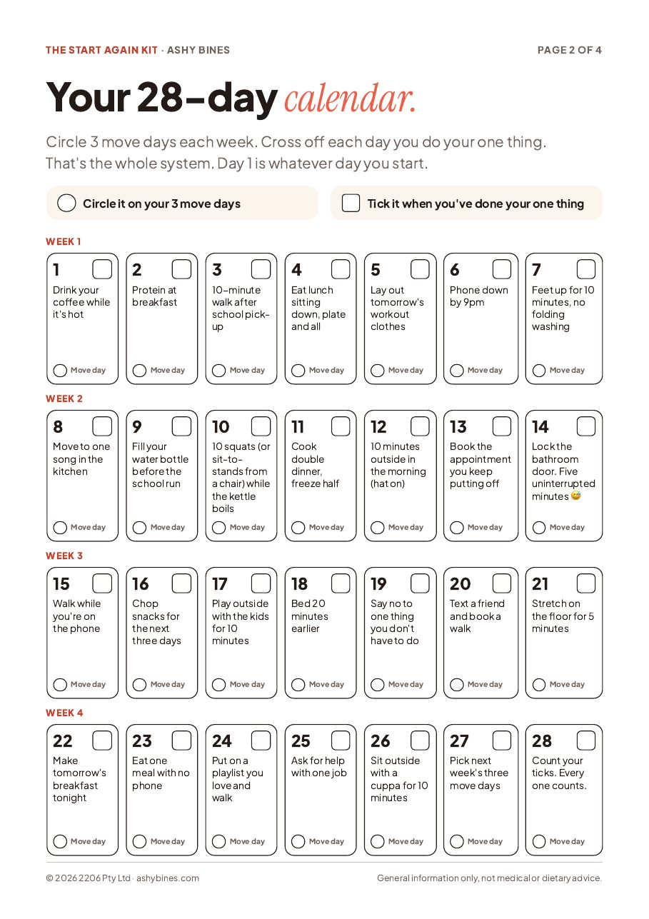 The 28-day cross-off calendar page from the free Start Again Kit