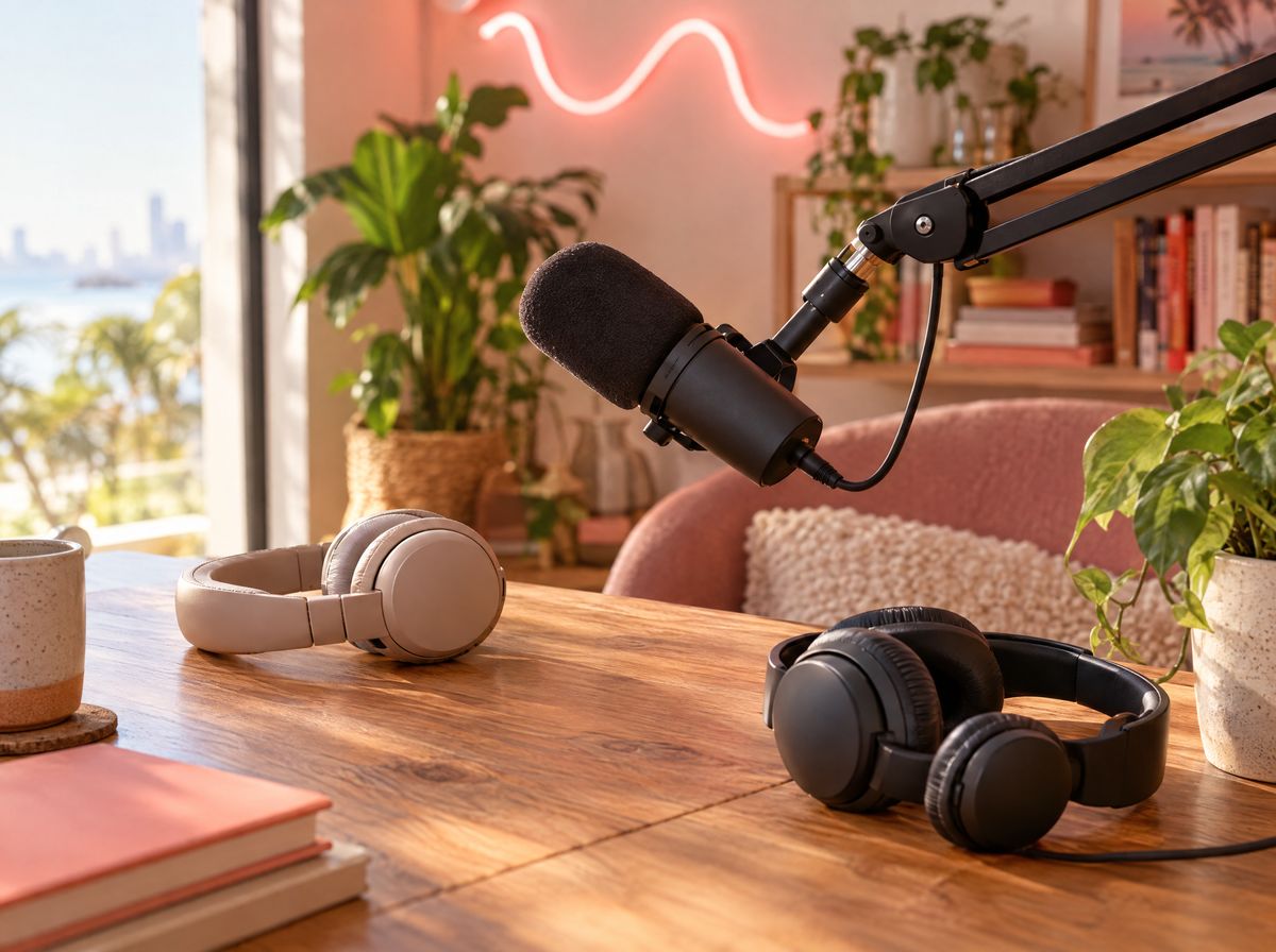 A podcast microphone lit by a pink neon light